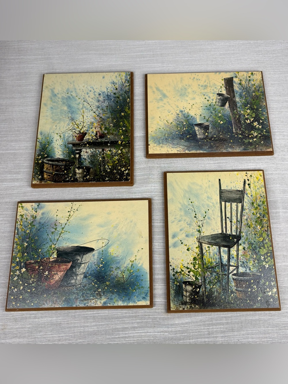 Vintage 1974 Honda Taylor garden art wood plaques splatter wall decor